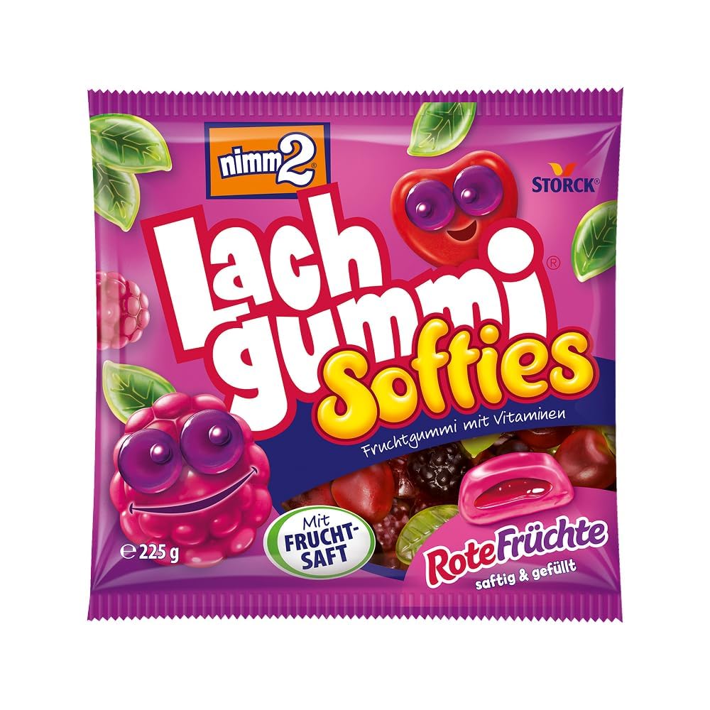nimm2 Lachgummi Softies sarkanie augļi, pildītas augļu želejas konfektes, 1 x 225 g