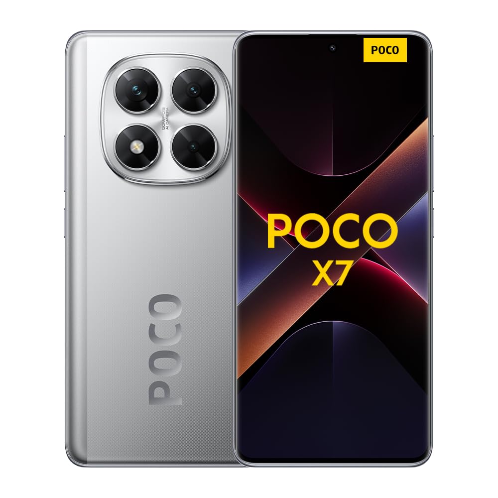 Xiaomi Poco X7 - 8GB RAM, 256GB storage, 50MP OIS camera, 5110mAh battery, IP68 water-resistant, silver color.