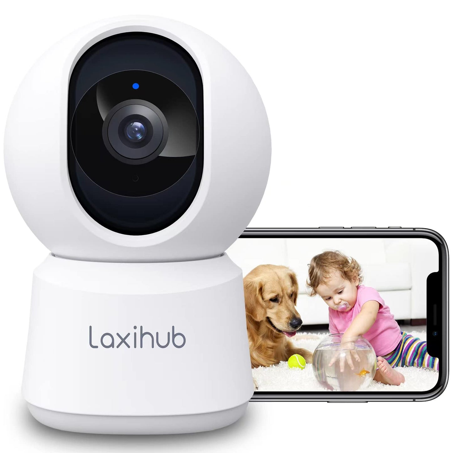 LAXIHUB 360° pārklājums Pan Tilt mājas drošības kamera, 1080p Full HD iekštelpu kamera ar nakts redzamību un divvirzienu audio, viedā bērnu uzraudzības kamera ar tālruņa lietotni, kustības skaņas noteikšana.