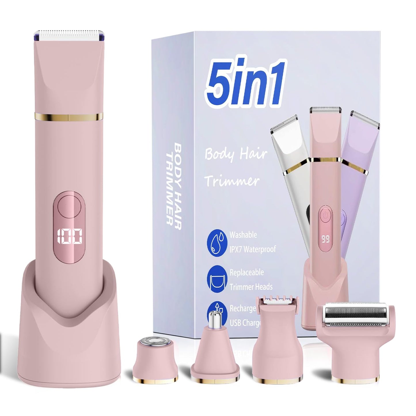 Bikini trimmeris sievietēm 5-in-1, elektriskais ķermeņa skuveklis, bezvadu, ūdensizturīgs IPX7, 5 maināmas galviņas sejas, kāju un intīmās zonas apmatojuma noņemšanai, keramikas asmens, USB lādētājs