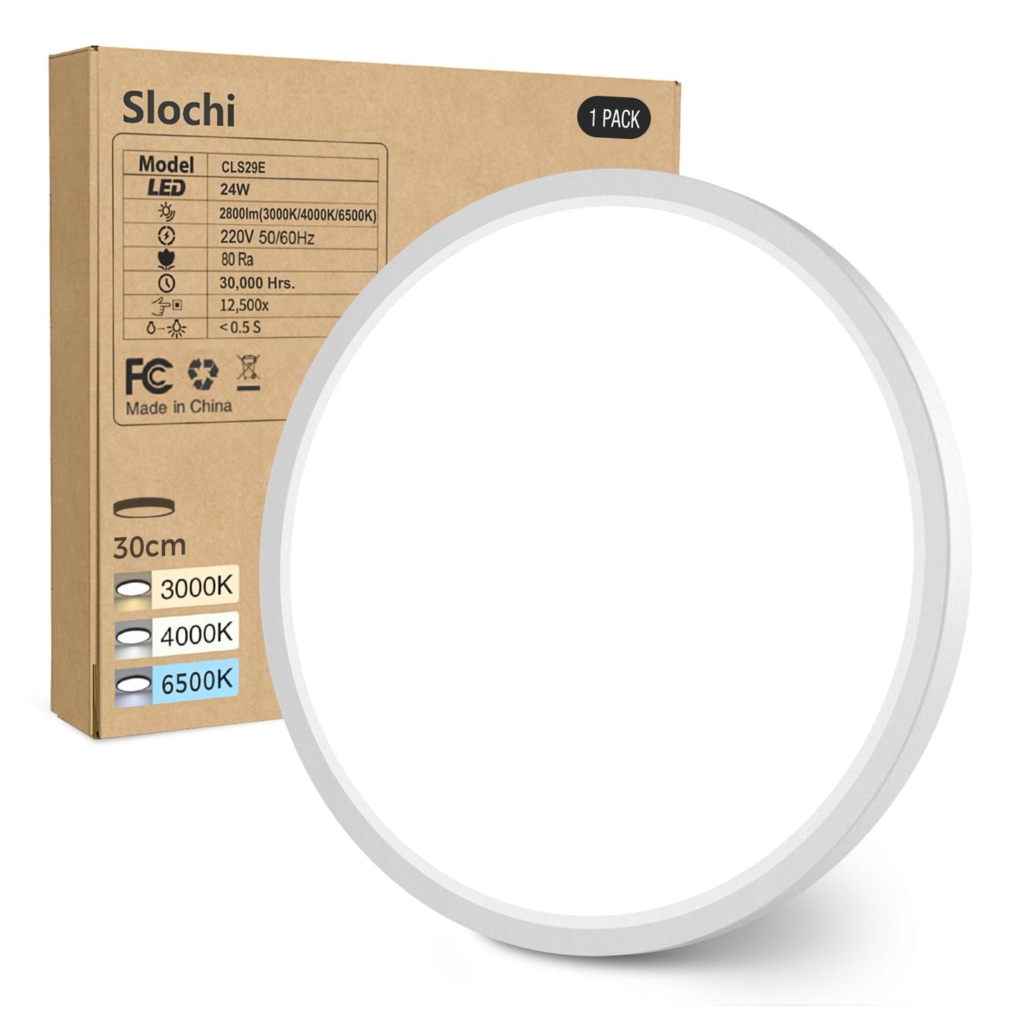 Slochi LED griestu lampa, plakana griestu lampa, Ø30CM, 3 gaismas krāsas, 24W, 2800LM, balta