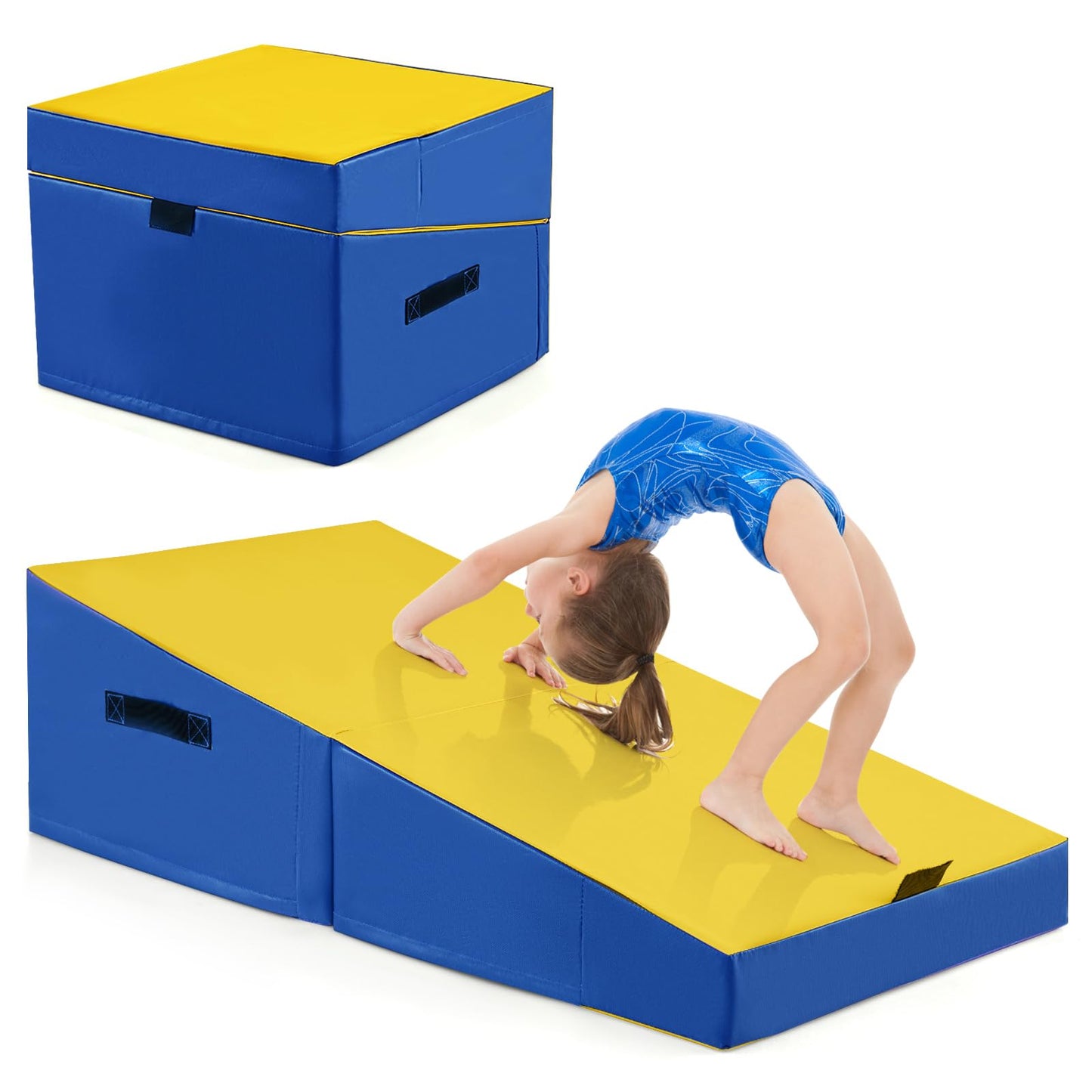 Gymnastikas paklājs COSTWAY ar slīpu virsmu, salokāms ķīļveida mīkstais paklājs, 2 in 1 vingrošanas paklājs ar rokturi, sporta paklājs fitnesam bērniem mājām, zālei (dzeltens)