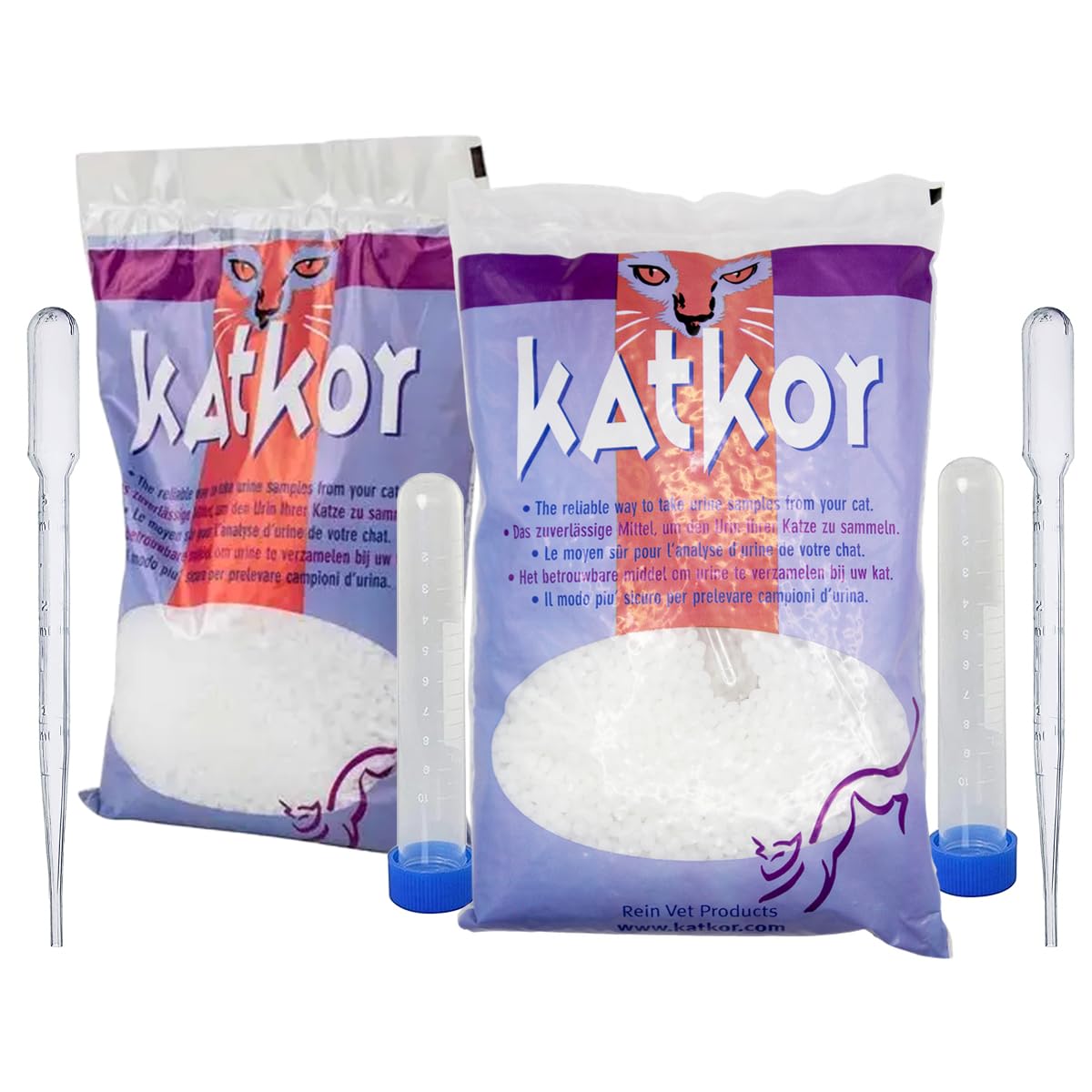 2x KatKor urīna paraugu komplekts - nesorbējošs kaķu pakaiši urīna parauga noņemšanai ar 10 ml graduētām mēģenēm un drošiem vāciņiem - kaķu urīna testēšanas un diagnostikas komplekts
