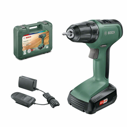 Bosch UniversalDrill 18 - 18V cordless drill with 1 battery and carrying case, ideal for home and garden projects.