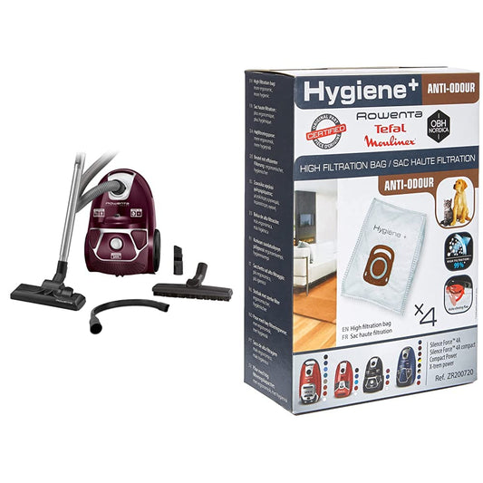 Rowenta RO3969 Compact Power - 750W, 3L capacity, high-filtration dust bags, pet hair cleaning, dark red/silver.