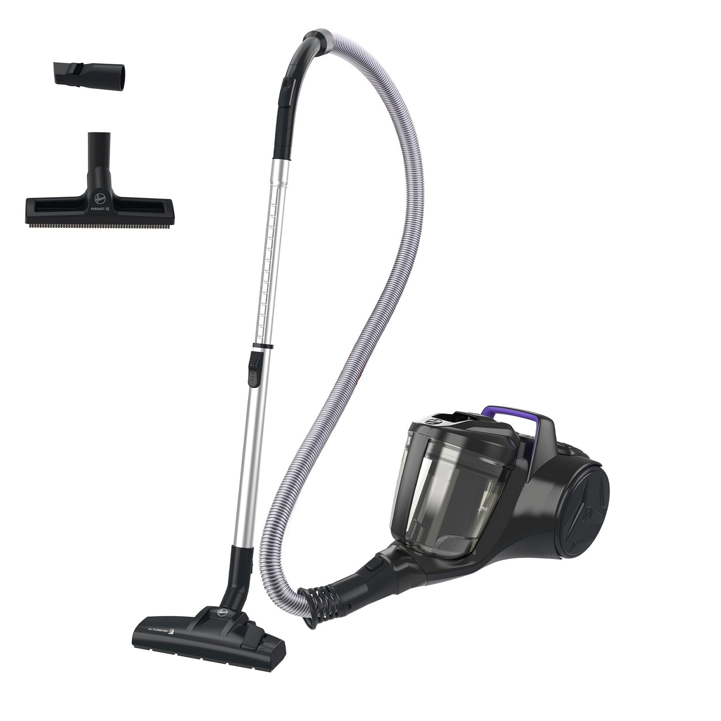Hoover HP1 grīdas putekļsūcējs - bezmaisīgs, EPA filtrs, 2L konteiners, integrēti piederumi, 7,5 m darbības rādiuss.