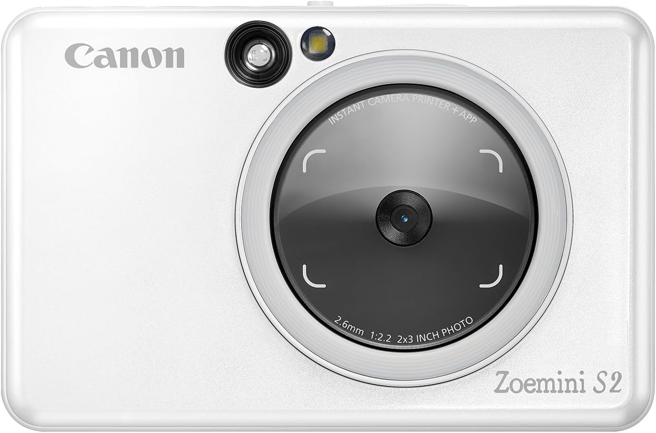 Canon Zoemini S2 - Mini camera and printer, 5x7.6 cm prints, wireless, built-in battery, Bluetooth, pearl white, includes 10 Zink prints.