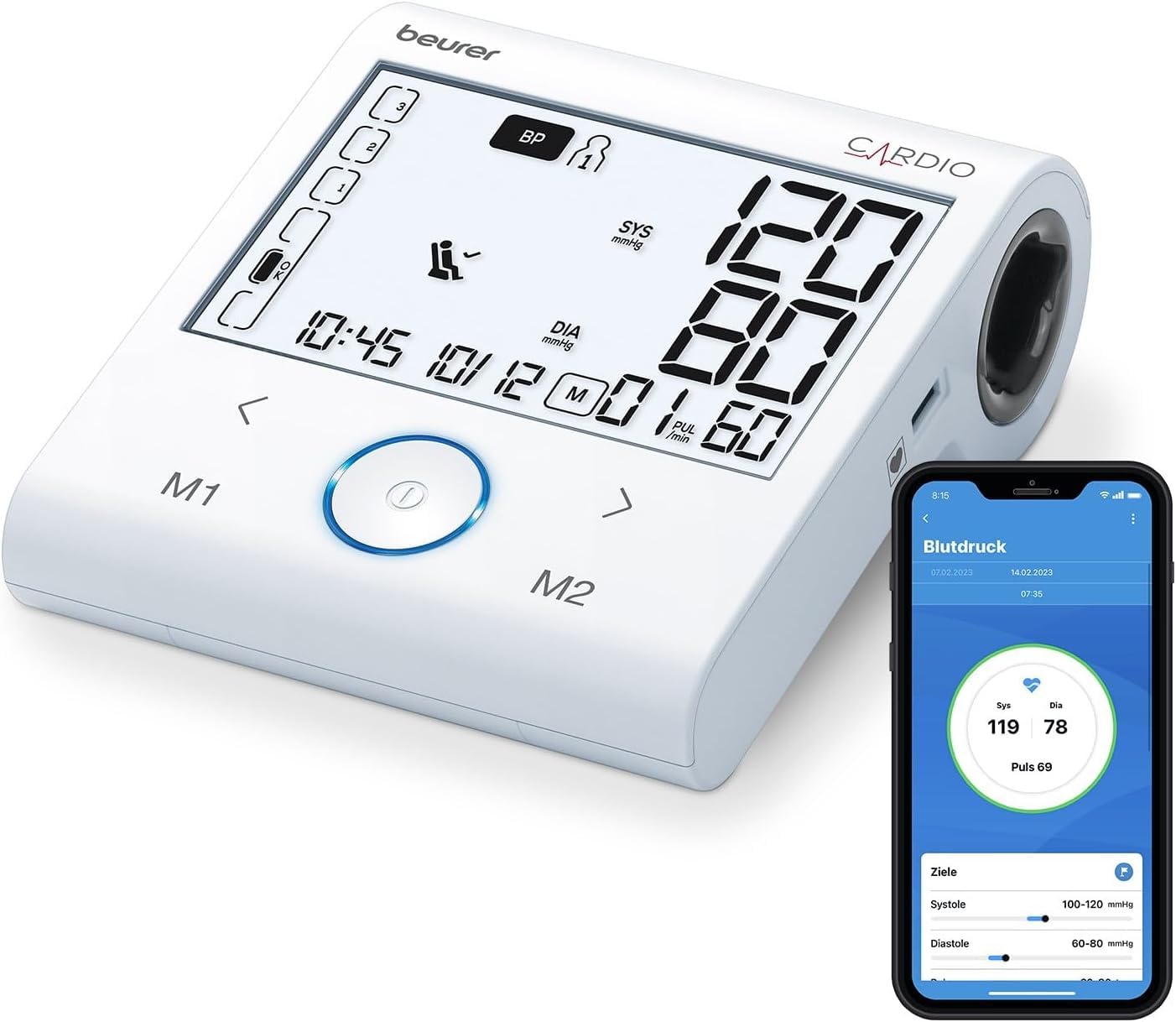 Beurer BM 96 Cardio asinsspiediena mērītājs ar EKG funkciju, asinsspiediena un pulsa mērīšana uz augšdelma, lai atklātu priekškambaru fibrilāciju (AFib) insulta novēršanai, apjomiem no 22-42 cm