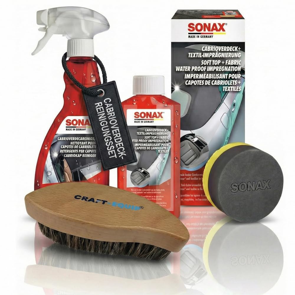 3 daļīgs kabrio jumta tīrīšanas komplekts: SONAX 250ml kabrio jumta impregnācija + kabrio jumta tīrītājs 500ml + Craft-Equip ādas birste saudzīgai un rūpīgai kabrio jumta tīrīšanai