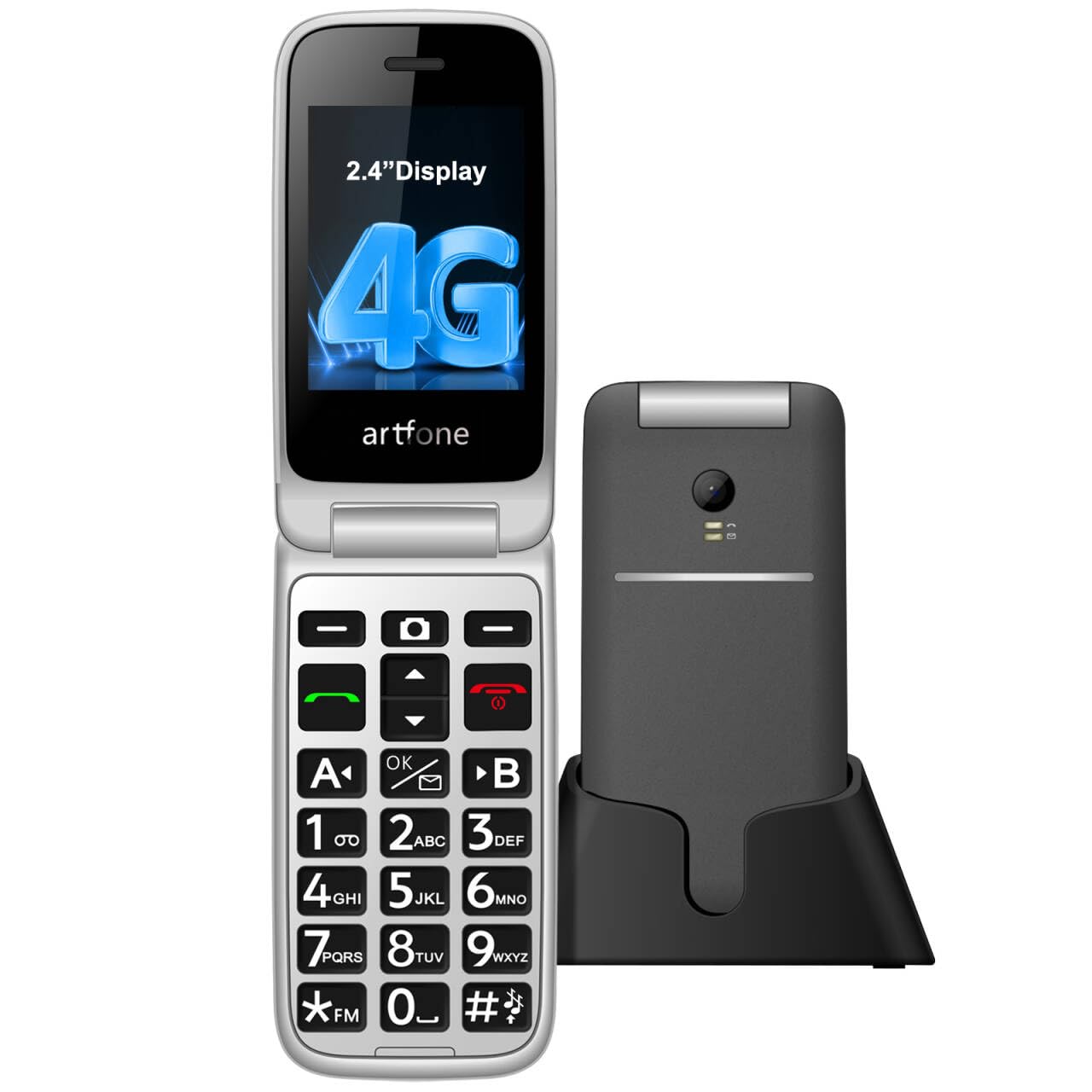 Senioru mobilais tālrunis artfone G3 4G, atlokāms telefons, bez līguma, lielas pogas, SOS ārkārtas poga, uzlādes doks, skaļrunis, īsā zvana poga, FM radio, 2,4 Zoll dubultdisplejs, 1300mAh akumulators - pelēks