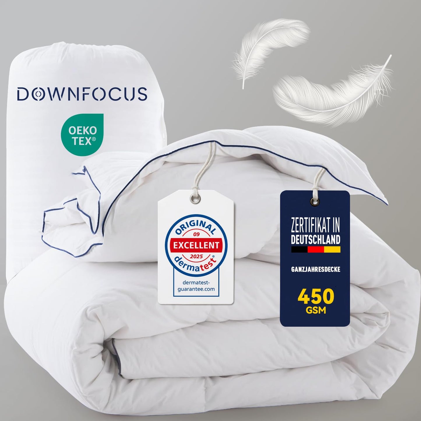 DOWNFOCUS dūnu sega 135x200 ar spalvām un zosu dūnām, 100% kokvilna Oeko-Tex, RDS sertificēta dzīvnieku labturībai, vissezonas dūnu sega (450 gsm vissezonas sega)