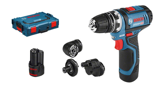 Bosch Professional 12V akumulatora urbjmašīna GSR 12V-15 FC - FlexiClick sistēma, 2x akumulators, ātrā lādētājs, urbjpatronas uzgalis.