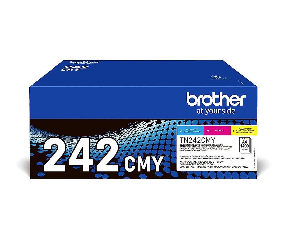 Brother TN-242CMY toner set - 3 cartridges in cyan, magenta, yellow, each yields approx. 1400 pages, compatible with multiple models.