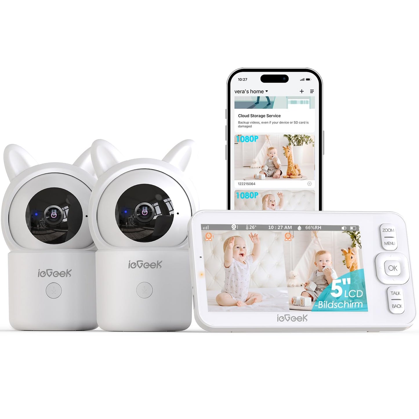 Video baby monitors ieGeek 1080P 5" WLAN lietotne, PTZ 355°, 4X tālummaiņa, temperatūra