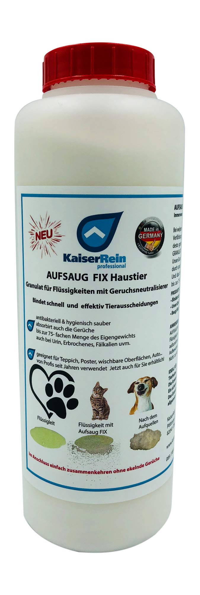Granulāts KaiserRein AUFSAUG FIX 1 L mājdzīvniekiem, šķidrumu saistīšanai ar smaku neitralizētāju pie suņu urīna, kaķu urīna, dzīvnieku urīna, caurejas, fekālijām, vemšanas, dzīvnieku smakas, šķidrumu absorbents