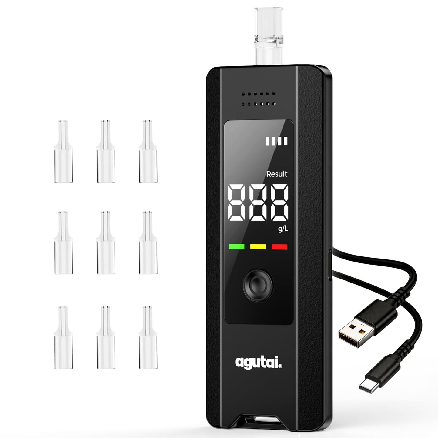 Alkohola testers policijas precizitātes, profesionāls alkohola testeris, augstas precizitātes promiļu mēraparāts ar 2 mērīšanas metodēm un digitālu LCD displeju, pārnēsājams elpas alkohola testers USB-C uzlādi, 10 iemutņi