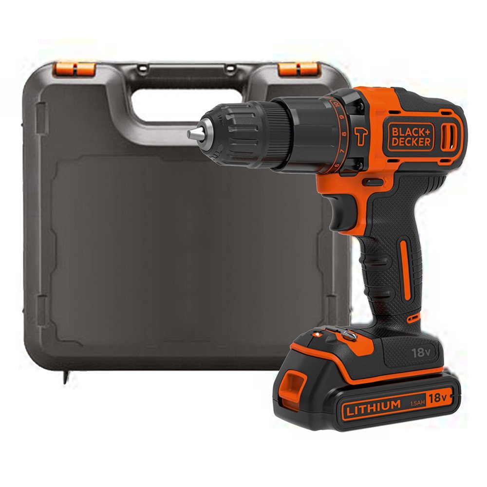 Black+Decker 18V triecienurbjmašīna BDCHD18K - 2 ātrumi, 10mm ātrās fiksācijas urbjpatrona, LED gaisma, akumulators un koferis.