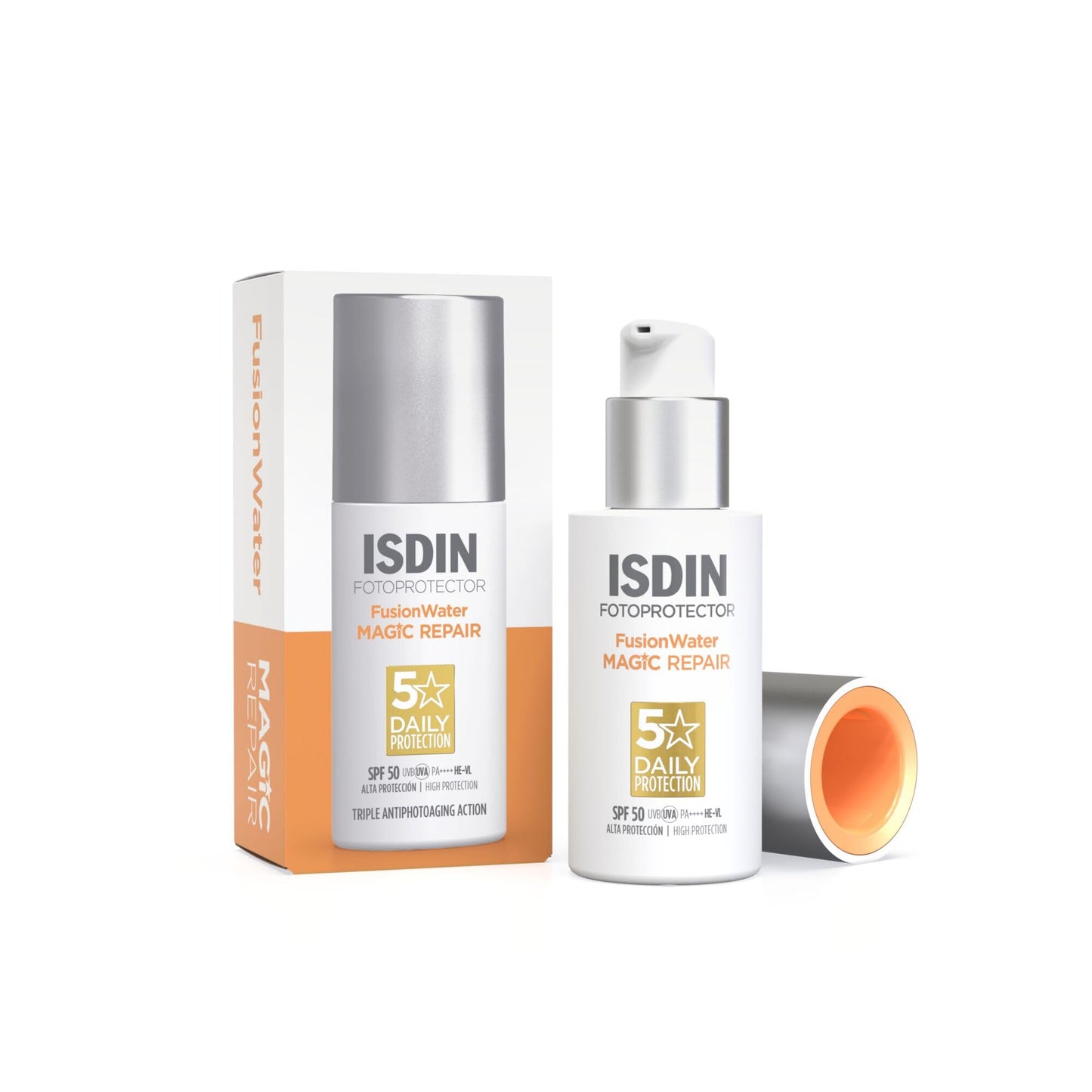 Sejas saules aizsargkrēms ISDIN Fusion Water Magic Repair SPF 50 – anti-age un UV aizsardzība, hialuronskābe, īpaši viegls, 50ml