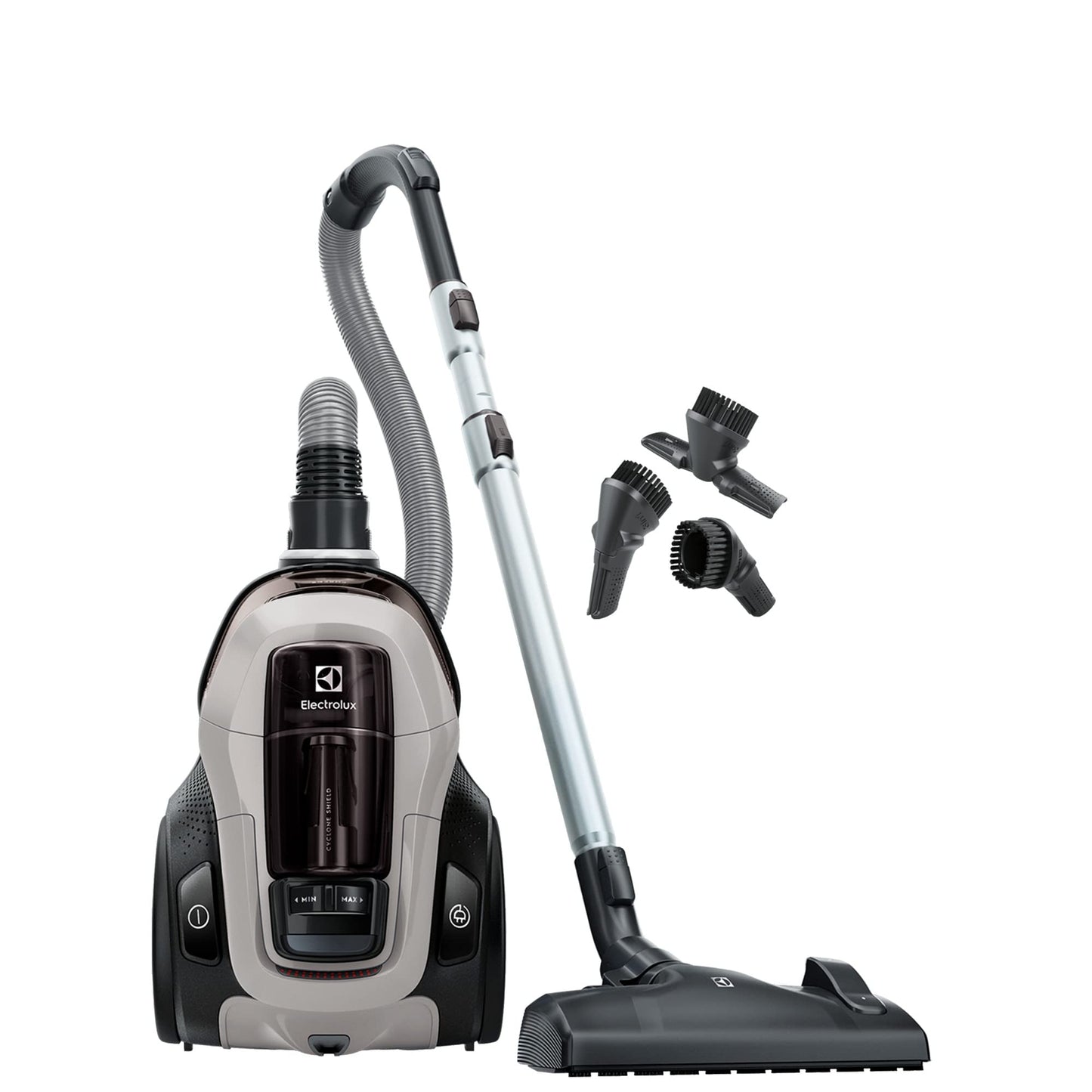 Electrolux Pure C9 - Bagless vacuum cleaner, metal design, mineral grey, powerful suction, and advanced filtration system.