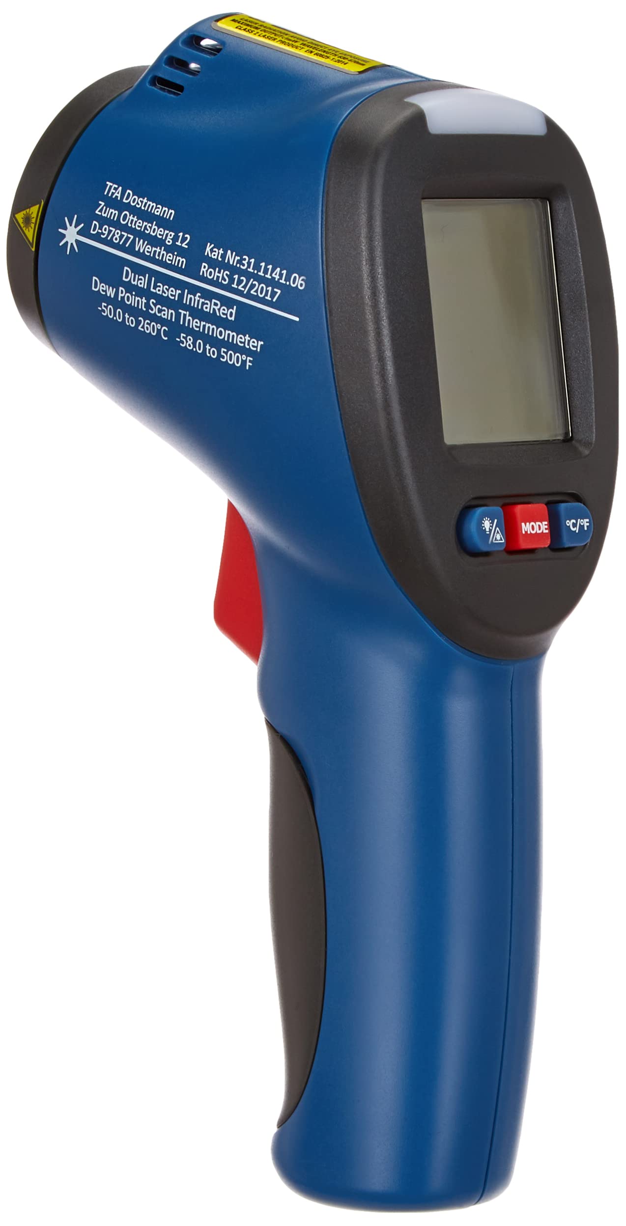 TFA Dostmann SCHIMMEL DETEKTOR infrasarkanais termometrs ar rasas punkta aprēķinu un dubulto lāzeru, zils, L110 x B72 x H240 mm