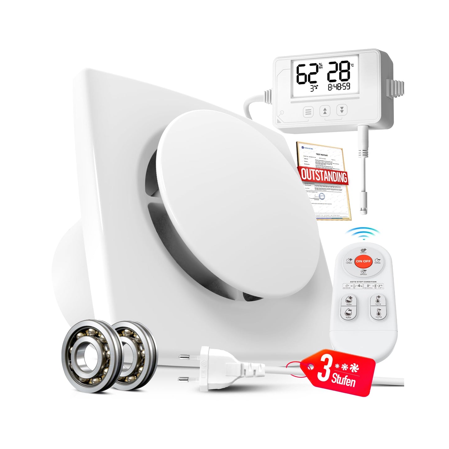 Bad ventilators SBONNI ar mitruma sensoru un temperatūras sensoru, taimeris, 3 ātrumi, WC ventilators 100 mm ar tālvadību, reāllaika mitruma un temperatūras rādījums, spēcīga un klusa nosūce