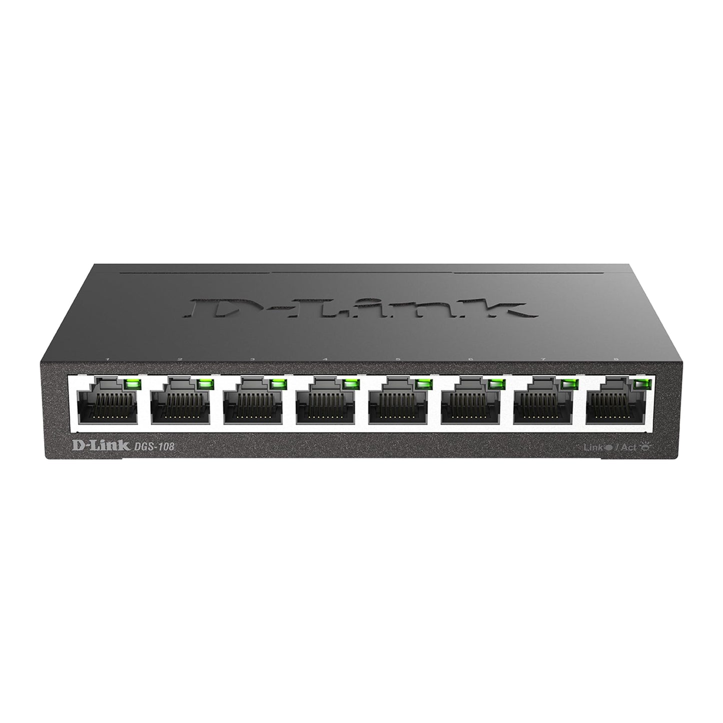8 portu gigabitu tīkla slēdzis D-Link DGS-108, 2. slānis, līdz 2000 Mbit/s datu pārraidei katrā portā, nebloķējoša arhitektūra, bez ventilatora, metāla korpuss, melns