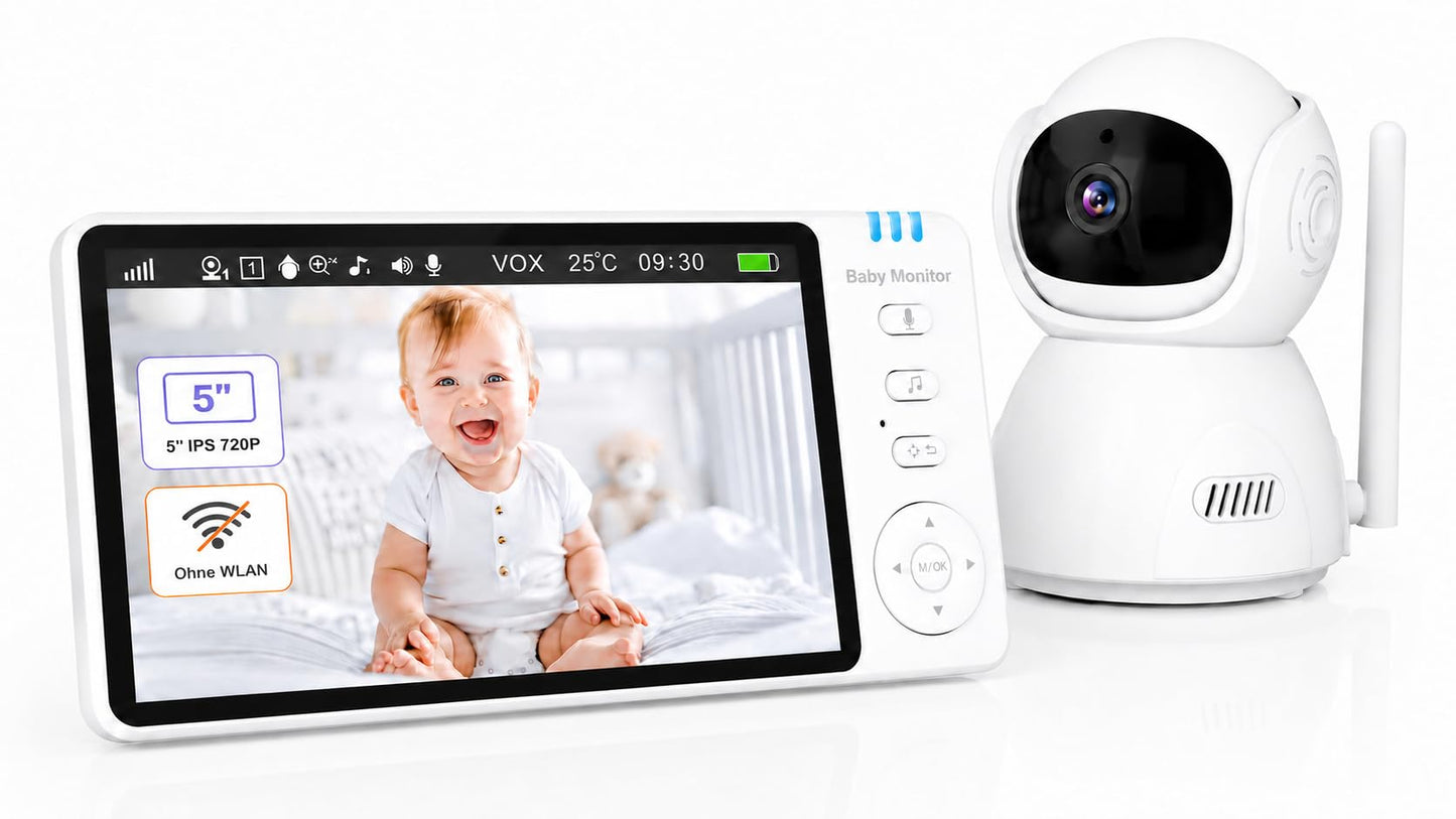 Bērnu monitors ar kameru BURNNOVE bez Wi‑Fi, 5 collu IPS 720P, 3500mAh akumulators
