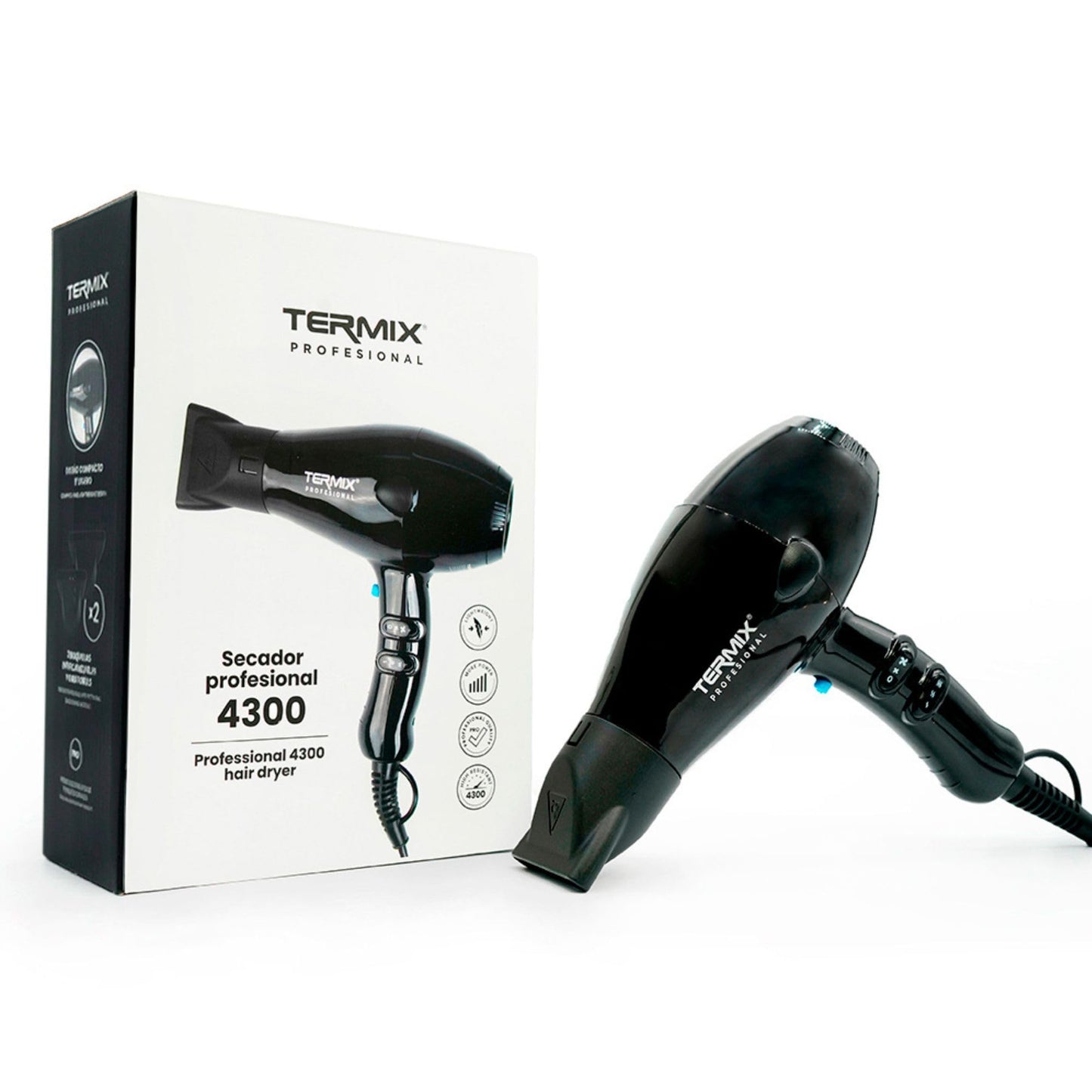 Termix 4300 profesionāls matu fēns. Matu fēns ar 3 temperatūras līmeņiem, viegls un ērts. Ietver 2 dažāda izmēra uzgaļus. 2.000 W jauda.