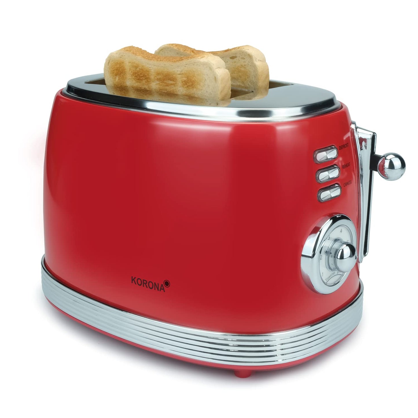 Korona 21668 tosteris | 2 šķēles | retro dizains | sarkans | 6 brūnināšanas līmeņi | retro | atkausēšana, grauzdēšana, uzsildīšana | 850 vati | maizes cepumu turētājs | drupatu atvilktne | maizes šķēļu centrēšana