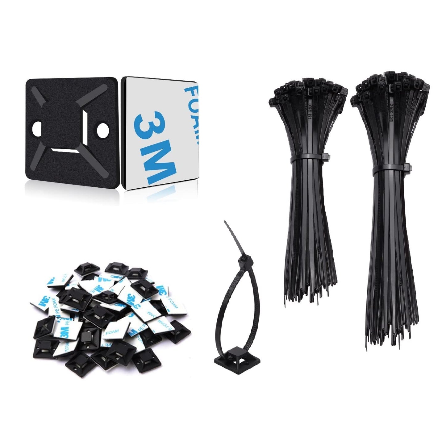 Kabeļu saites SZXULI 200 gab. melnas 120mm/150mm un 100 gab. pašlīmējoši pamatnes turētāji, neilona plastmasas, UV izturīgas