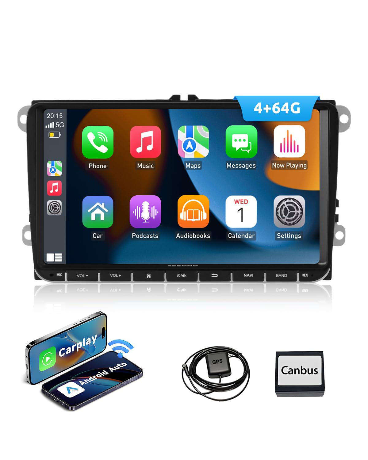 Android auto magnetola ESSGOO 4+64G Android 15 ar bezvadu CarPlay un Android Auto Volkswagen Golf 5/6, Passat, Seat, Skoda un Polo