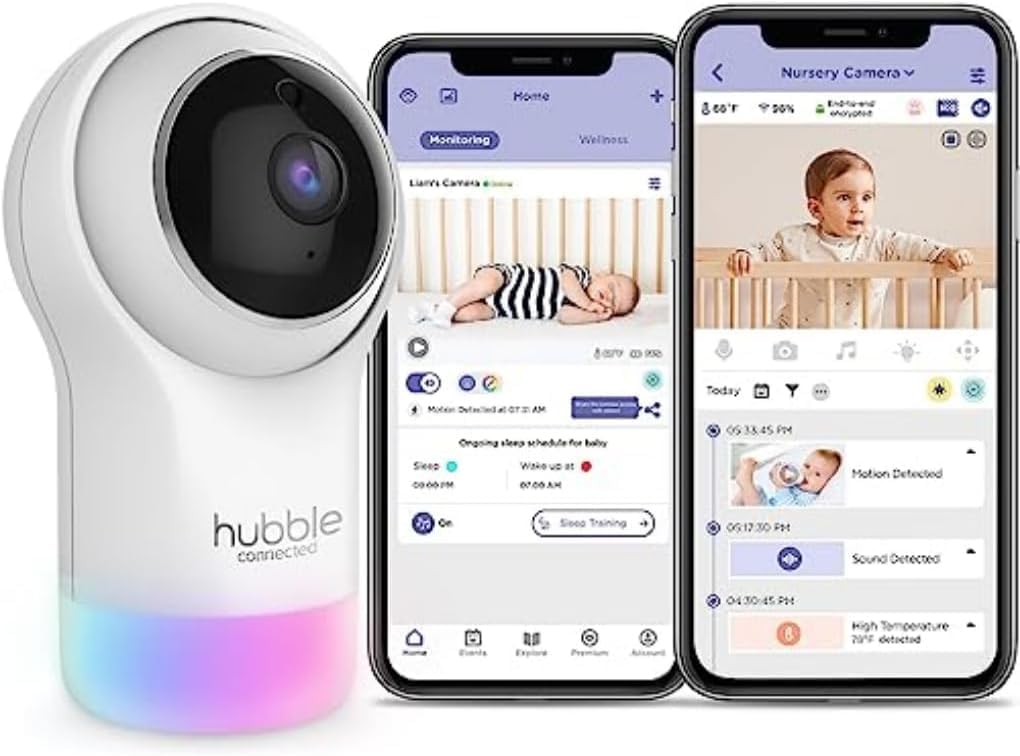 Hubble Connected Nursery Pal Glow bērnu monitors ar kameru, 7 krāsu nakts lampiņu, telpas temperatūras sensoru, panoramēšanas/noliecšanas/tuvināšanas funkciju, divvirzienu saziņu, nakts redzamību, Wi‑Fi, lietotni