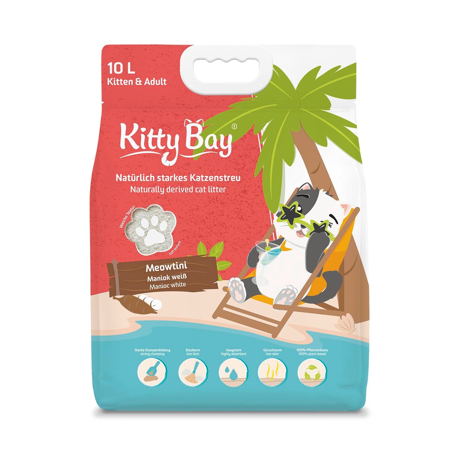 Kaķu pakaiši Kitty Bay Meowtini, ekoloģiski, saistviela un bez putekļiem, manioka balta, 10 L