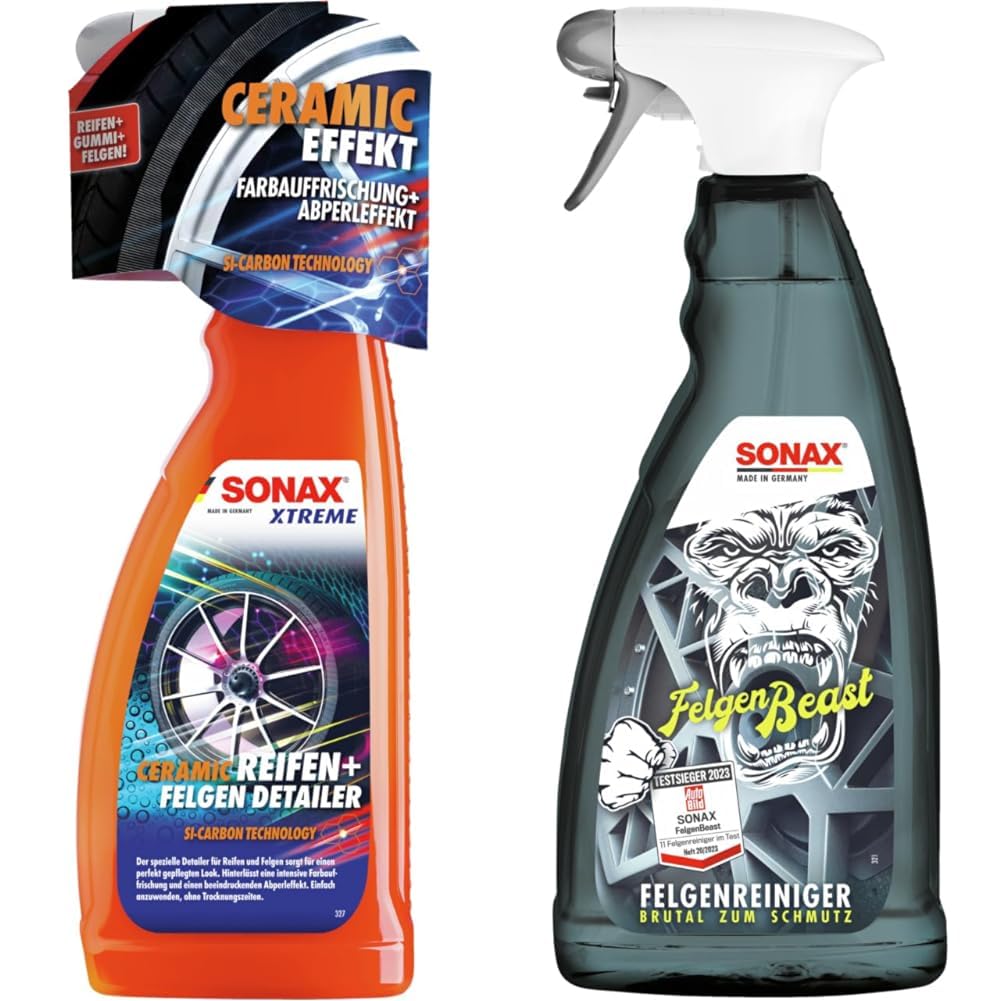SONAX Xtreme Ceramic riepu un disku Detailer 750 ml un FelgenBeast 1 L, disku tīrītājs pulētiem, hromētiem un matētiem tērauda un vieglmetāla diskiem