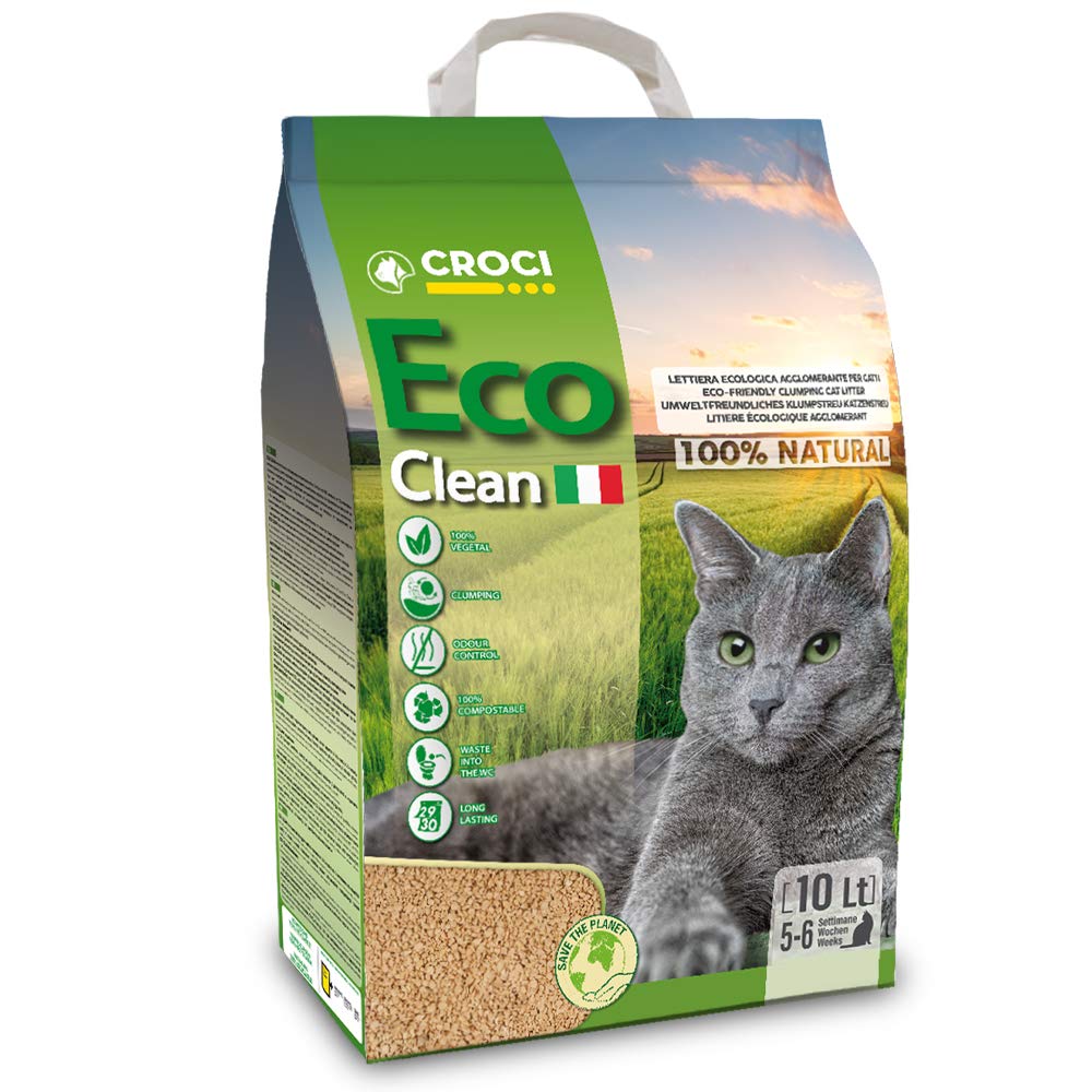Kaķu pakaiši Croci Eco Clean Litter 10 L – salipstoši, bioloģiski noārdāmi, noskalojami tualetē, 100% augu izcelsmes, ilgstoši kontrolē smakas
