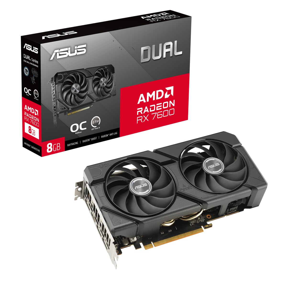 ASUS Dual Radeon RX 7600 EVO OC Edition - 8GB GDDR6, PCIe 4.0, 1x HDMI 2.1, 3x DisplayPort 1.4a, optimized for gaming.