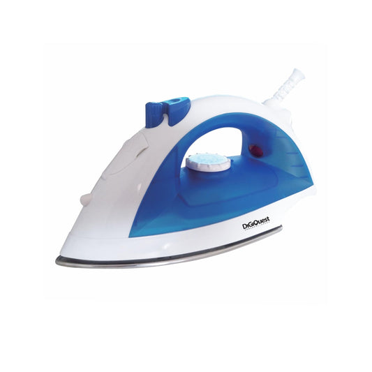 DIGIQUEST Steamy Steel FST20AC - White and blue steam iron with adjustable temperature and anti-drip technology.