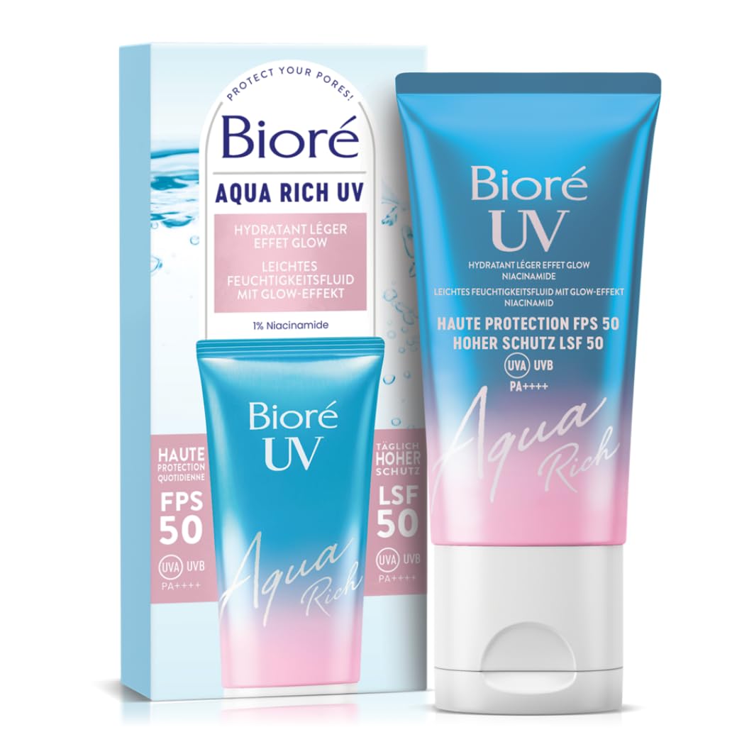 Sejas saules aizsargkrēms Bioré UV Aqua Rich SPF 50, viegls mitrinošs fluīds ar mirdzuma efektu, 50 ml, ar 1% niacinamīdu, netaukains