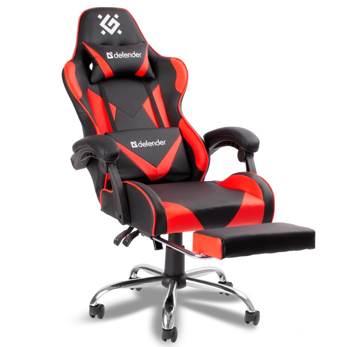 Defender Pilot gaminga PC krēsls ar kāju balstu, ergonomisks sēdeklis ar jostas atbalstu un galvas balstu, augstumā regulējams, līdz 140kg, biroja krēsls no mākslīgās ādas, sarkans/melns, regulējama atzveltne, 135° slīpums