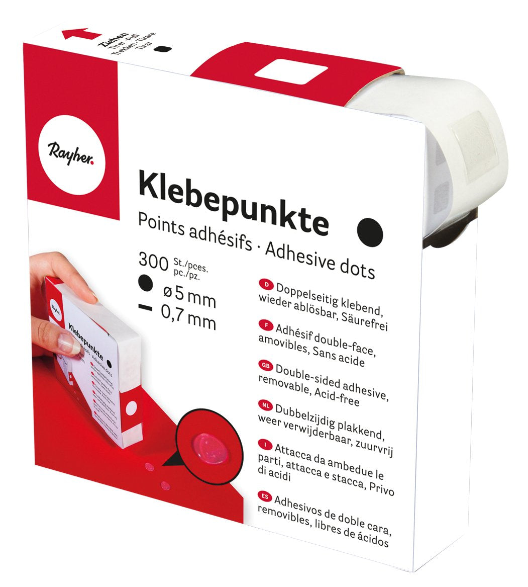 Līpošie punkti Rayher Hobby 30056000, caurspīdīgi, 5 mmø, 0,7 mm, 300 gab. rullis dozatorā, abpusēji līpoši, apaļi, noņemami, bez skābes, bez šķīdinātājiem