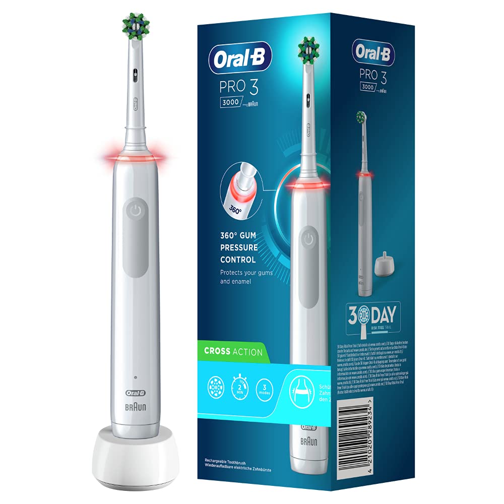 Oral-B PRO 3 3000 CrossAction elektriskā zobu birste, ar 3 tīrīšanas režīmiem un vizuālo 360° spiediena kontroli zobu kopšanai, dāvana vīrietim/sievietei, izstrādājusi Braun, balta