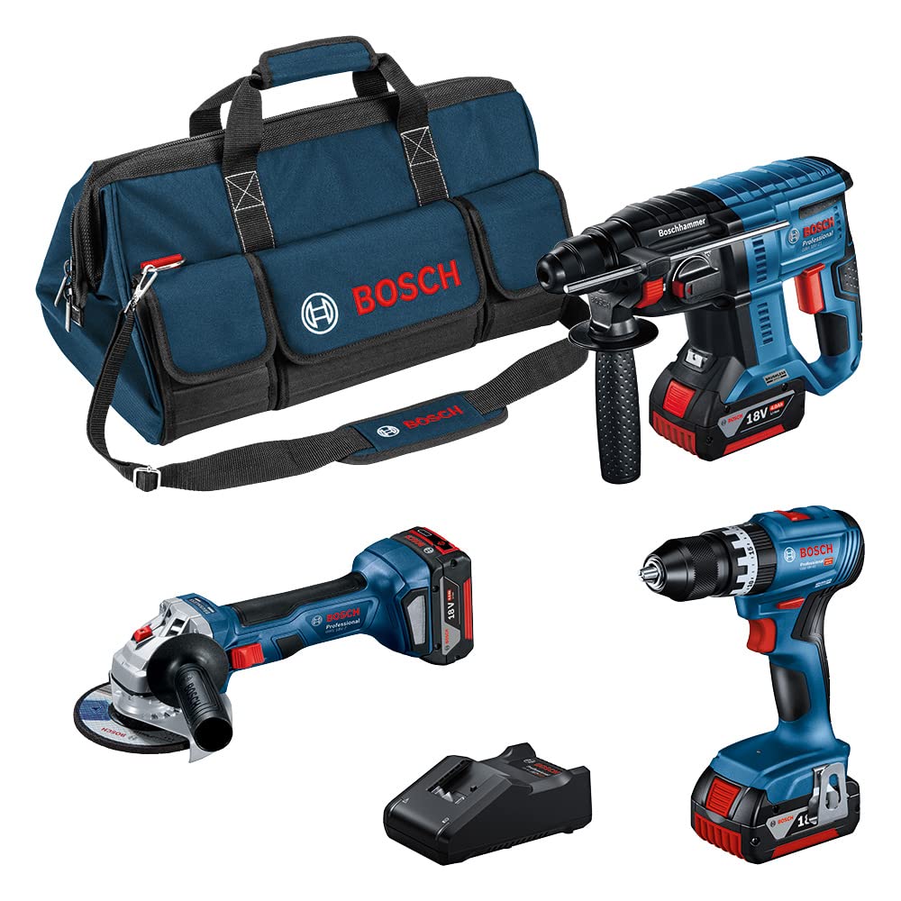 Bosch Professional 18V kombinētais komplekts - GSB 18V-45, GBH 18V-21, GWS 18V-7, 3x GBA 18V 4.0Ah akumulatori, ātrā uzlāde.