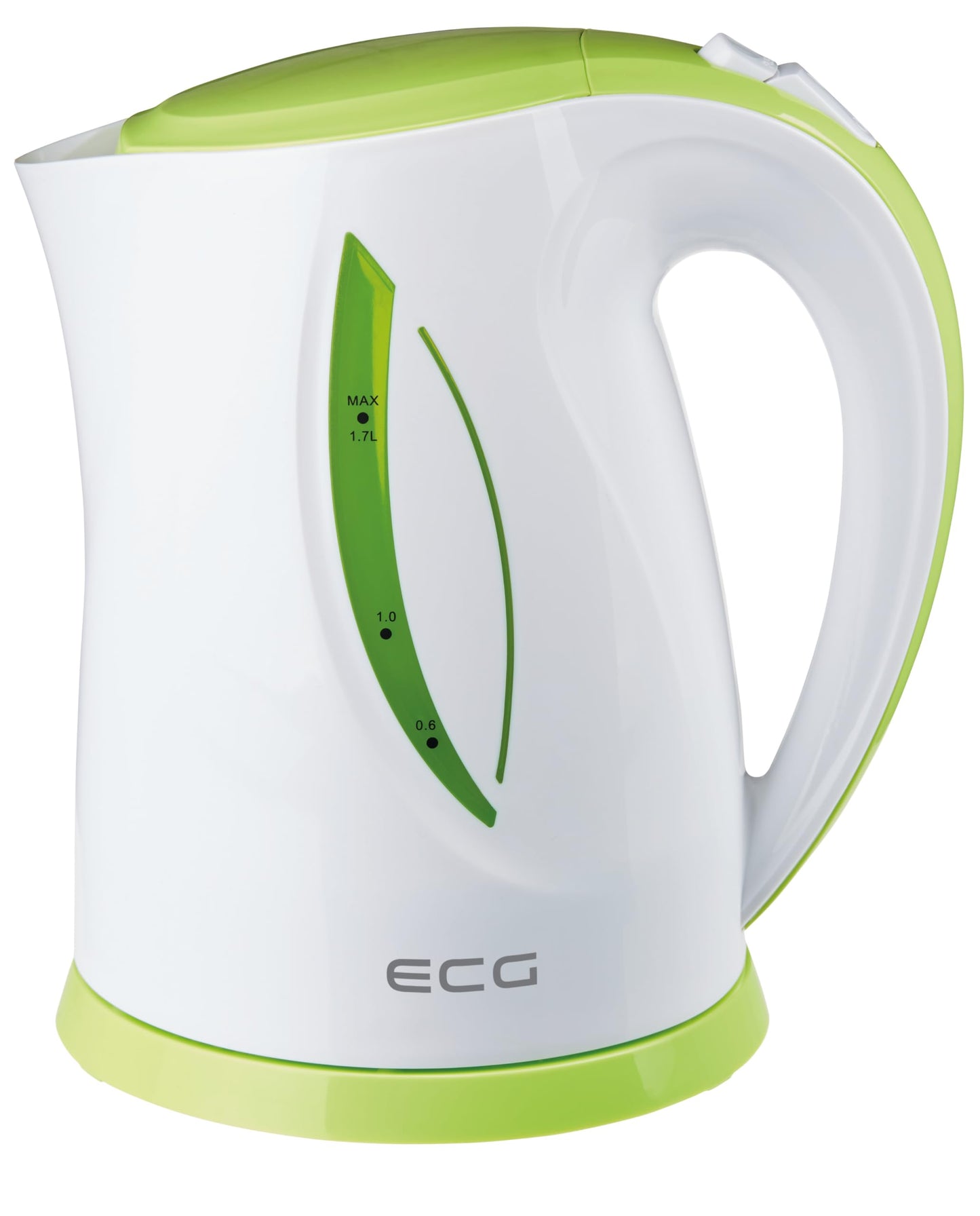ECG RK 1758 Green Kettle - 1.7 liters, green and white plastic design, efficient boiling for tea and beverages.