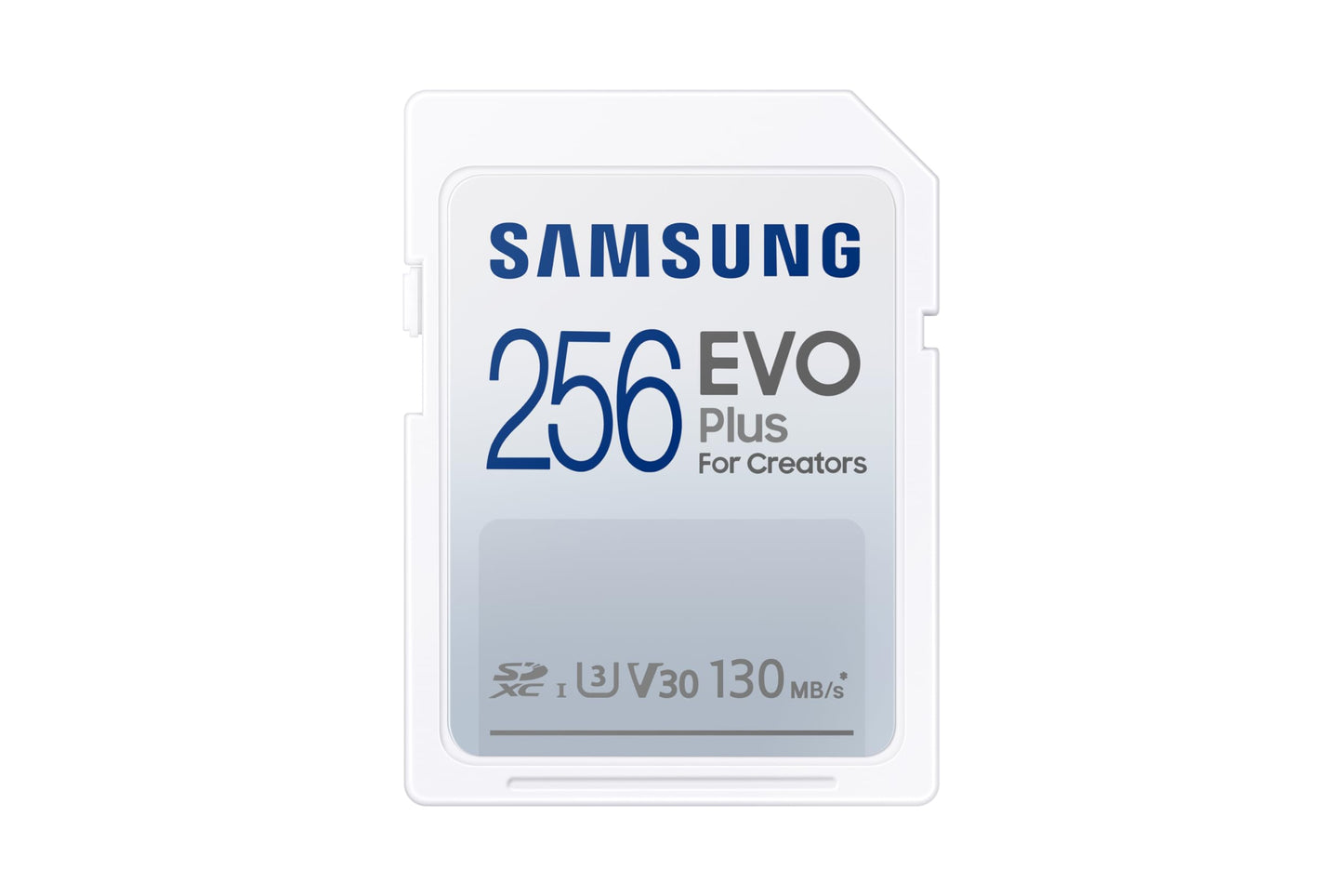 Samsung EVO Plus SD Karte - 256 GB, UHS-I U3, 130 MB/s, ideāla spoguļkamerām un sistēmas kamerām.