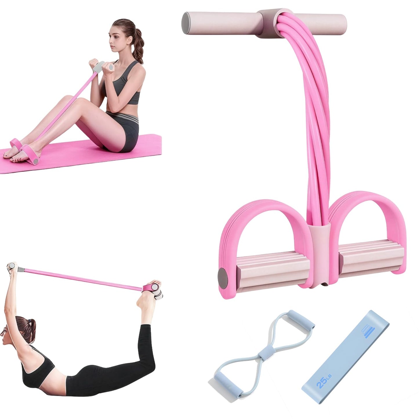 Pedāļu pretestības bandža ar rokturi, vēdera trenažieris mājai, 6 cauruļu elastīgā virve, rozā
