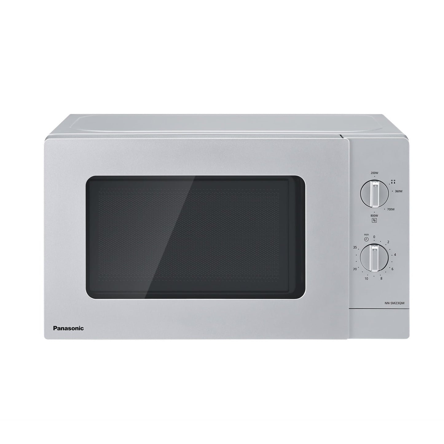Panasonic NN-SM23QMEPG 20L solo mikroviļņu krāsns ar stikla trauku, 800 W, atkausēšanas iestatījums, 5 jaudas līmeņi, rotējošs regulators, kompakts dizains, taimeris, sudraba krāsā.