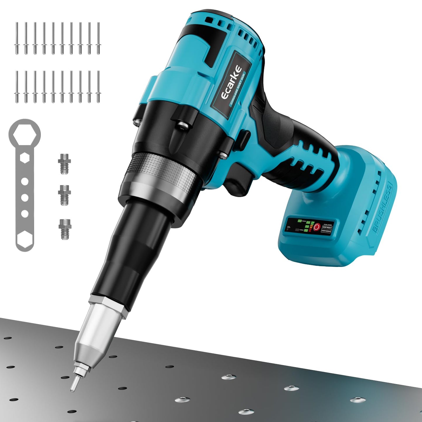 Ecarke akumulatora kniedēšanas pistole komplekts, savietojams ar Makita 18V Li-Ion akumulatoru, bezsuku kniedētājs ar 20 kniedēm 3 izmēros (3,2/4,0/4,8 mm) un LED apgaismojumu, auto remontam un DIY (bez akumulatora)