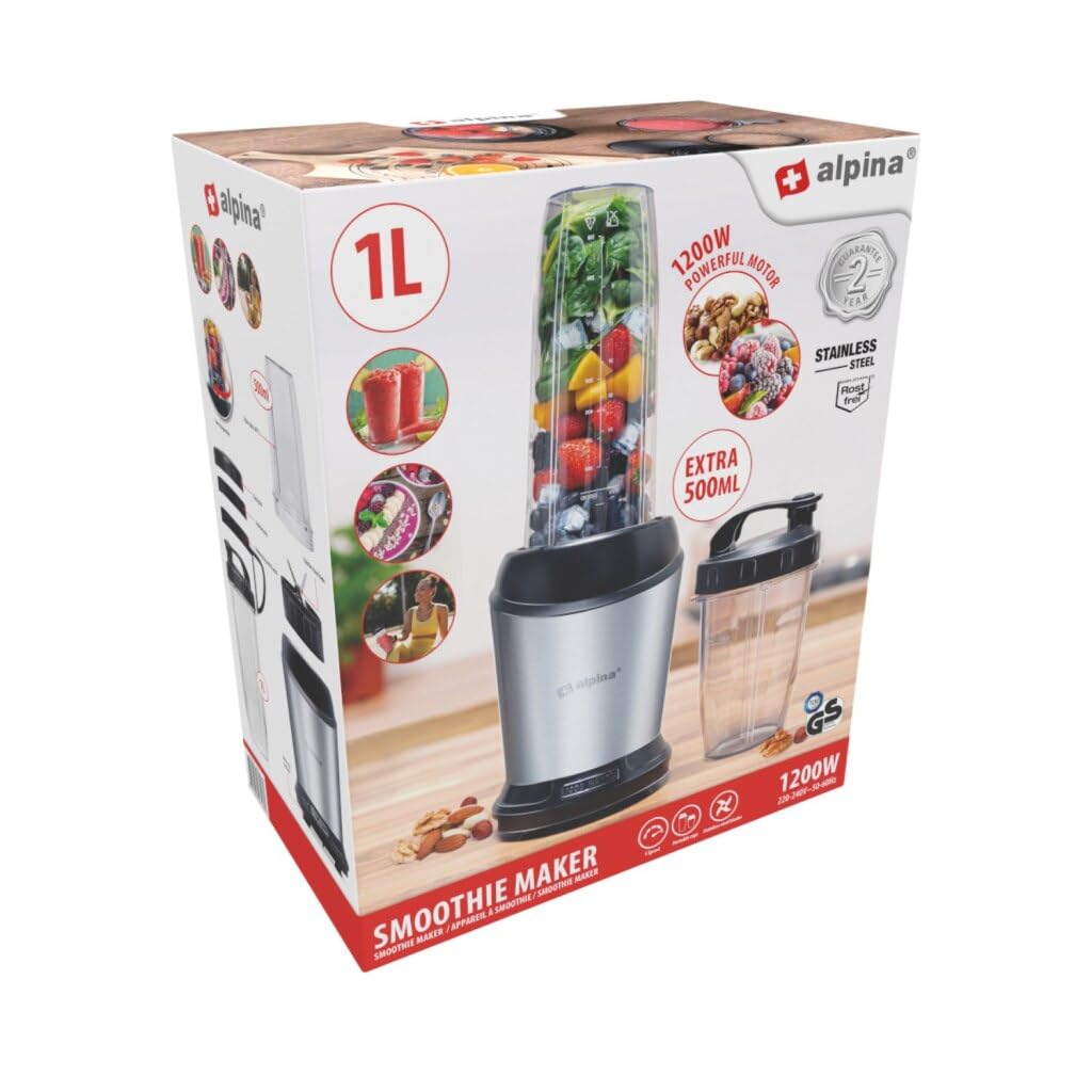 Alpina Smoothie Maker 1200 W - 1L mikseris ar 500 ML krūzi, noņemami nerūsējošā tērauda asmeņi, neslīdoša pamatne, sudrabs.