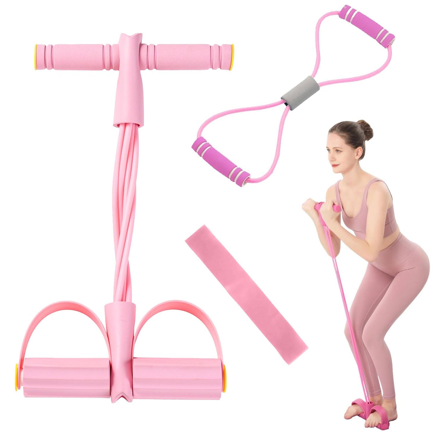 Bauchtrainer JDCMEI daudzfunkcionāls spriegojuma seil ar muguras trenažieri un fitnesa lentēm, sit-up trenažieris, 6 cauruļu elastīga vilkšanas virve, mājas sporta aprīkojums viduklim, kājām un vēderam, rozā