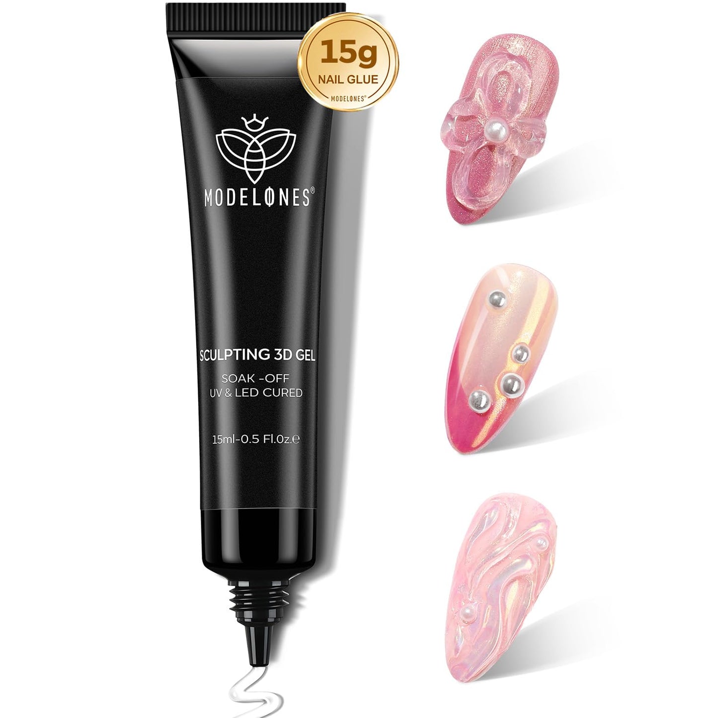 3D gēls nagiem Modelones 3D Gel Nail Art, 15 g, 4 vienā skulptūru nagu gēls, daudzfunkcionāls nagu rhinestone, chrome pulvera un naglu dekoru līmei